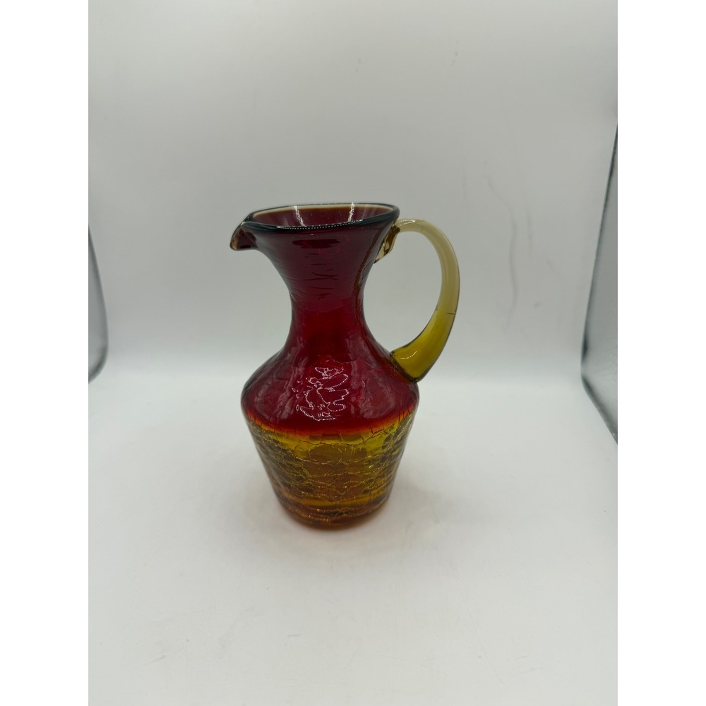 Vintage Amberina Crackle Glass Pitcher Red Amber Hand Blown Mini Jug 5.5 Inch